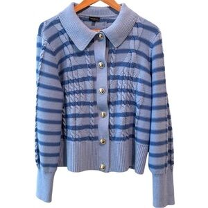 Talbots Collared Cable Knit Cardigan Sweater XL Blue Striped Preppy Metal Button